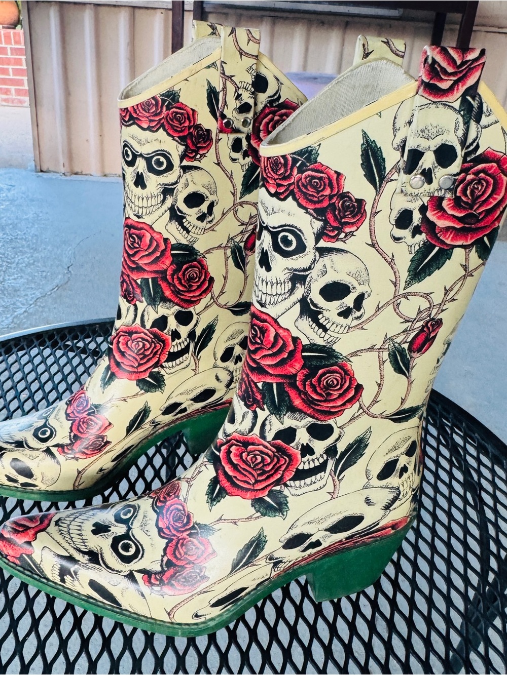 Nomad Cream Cowboy rain Boots with Red Rose & Green Sole